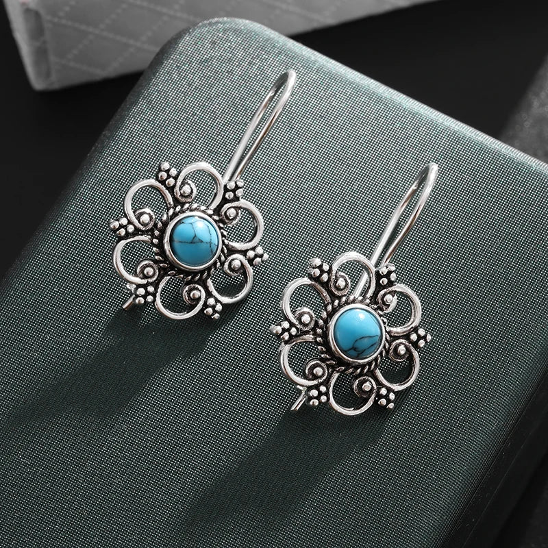 the ANTIQUE FLOWER - Beautifully Inlaid Blue Turquoise Flower Hypoallergenic Earrings for Women, Stylish Elegant Banquet Jewelry