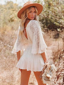 the MINI BOHO - Lace Tunic Sexy Deep V-Neck Button Bikini Cover-Ups Summer Sexy Ruffles Long Sleeves Mini Dresses