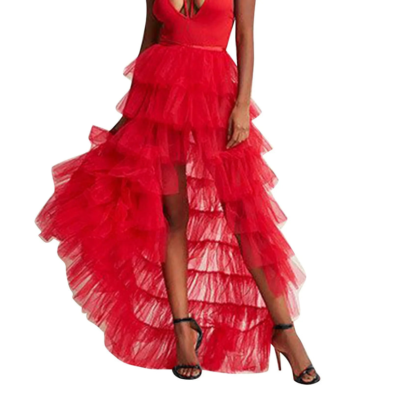 Women Long High Low Ruffles Tulle Skirt Solid Color Mesh Tied-Up Irregular Floor-Length Party Train Overskirt Cover Ups