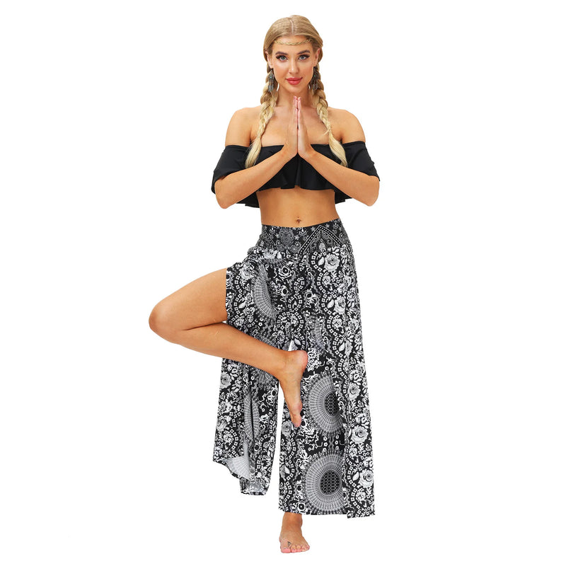 Women's Casual Soft Slit Leg Pants, Harem Dance, Beach Boho Baggy Yoga Pants, Lady Loose Wide Leg Wrap Long Pants, Summer