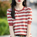 the CASHMERE - Sweater Short Sleeved Striped Sweater Pullover Knitted Cashmere Sweater for Women