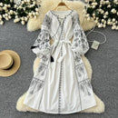 the INDIE BOHO - Bohemian Retro Ethnic Style Spring Autumn Embroidered Lace Up Lantern Sleeves Waist Cinching Long Dress