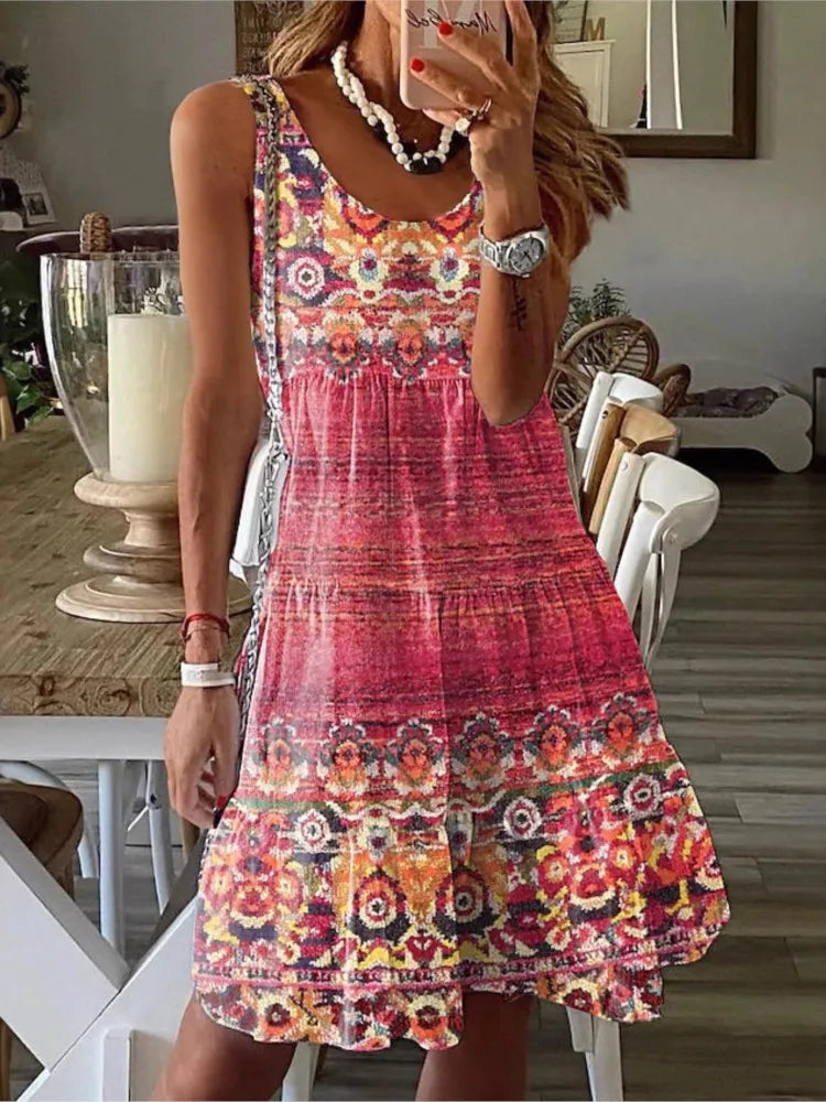 New Sundress Summer Casual Floral Print Loose O Neck Sleeveless Dress For Women 2025 Fashion Boho Holiday Beach A Line Dress