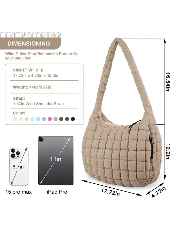 the PUFFY BOHO - Casual Ruched Hobos, Women Shoulder Bags, Quilted Padded Crossbody Bag, Large Capacity Nylon Puffer Tote Bag, Big Shopper Purses