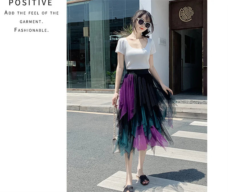 Fashion Summer Tutu Women Skirt Harajuku Tulle Bottom Faldas Casual High Waist Midi Mesh Skirts Woman Clothes Saia Jupe Femme