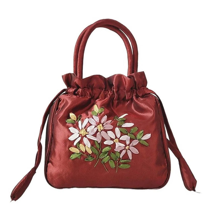 the SATCHEL - Retro Elegant Satin Silk Embroidery Totes for Women, Floral Drawstring Handbag, Woman Purse/Wallet Small Tote Bags