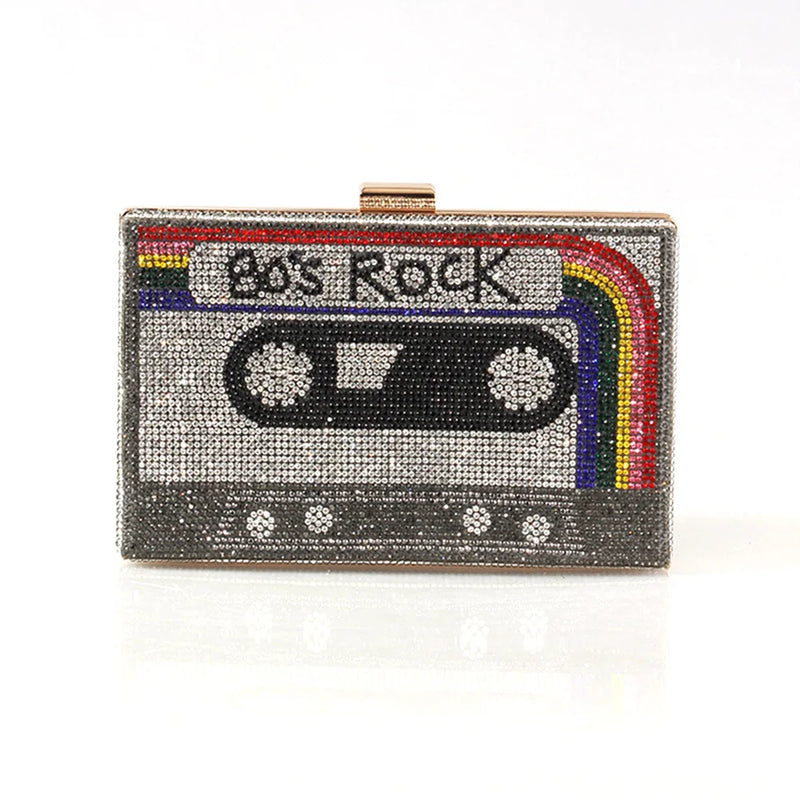 the MIX TAPE - Fashion Crystal Women's Luxury Rhinestone Wedding Clutch Bag, Cassette Tape Evening Bag, Party Money Purses, Handbags/Shoulder Bag