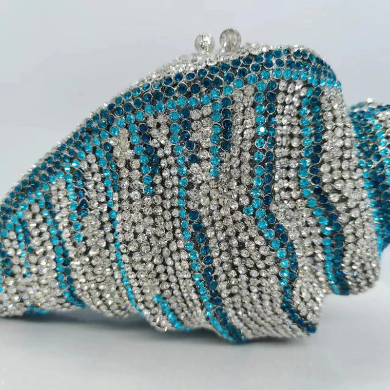 the CONCH - Lady Conch Blue/Gold Crystals Clutch Purse, Female Evening Bag, Wedding Diamond Purse/Bridal Handbag, Party Rhinestone Minaudiere