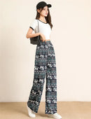 the SACRED ELEPHANT - Wide Leg High Waist Elephant Print Thin Straight Casual Bottoms Boho Pants