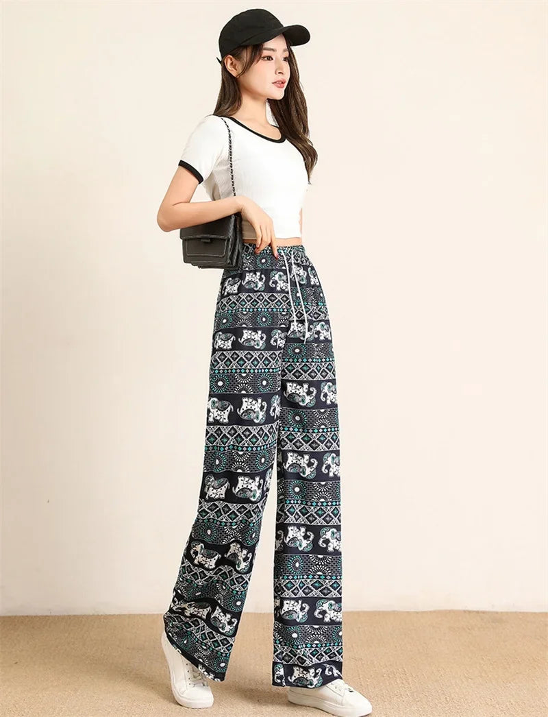 Women Wide Leg Pants High Waist Elephant Print Pant Summer Thin Straight Trousers Casual Bottoms Female Clothing 2023 Fashion