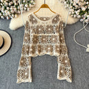 the EMBROIDED DAISY - Crochet Knit Sweater Long Sleeve Sheer Open-Knit Crop Knit Top Pullover for Women