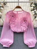 the SHEER BOHO - Women's Loose O-Neck Long Sleeves Sheer Bohemian Transparent 3D Floral Blouse