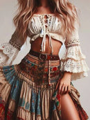 the GYPSY BOHO - Flare Sleeves Boho Floral Pattern Hollow Out Lace Ruffled Lace-Up Cropped Chic Blouses