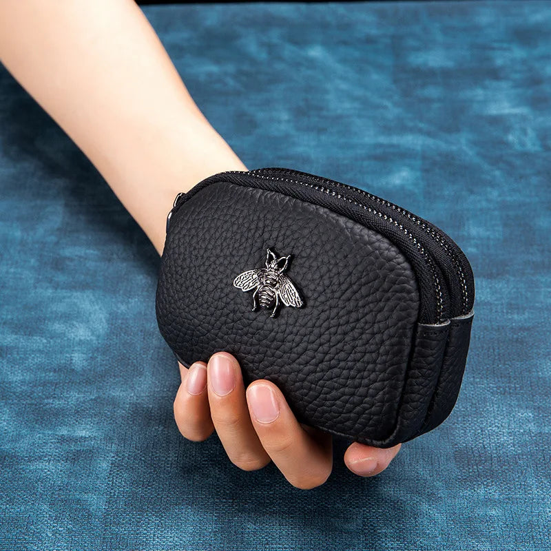 the BEE BAG - Women Cowhide Double Zipper Portable Wallets, Bag Bee Card Hoder Lipstick Case Leather Mini Earphone Coin Purse