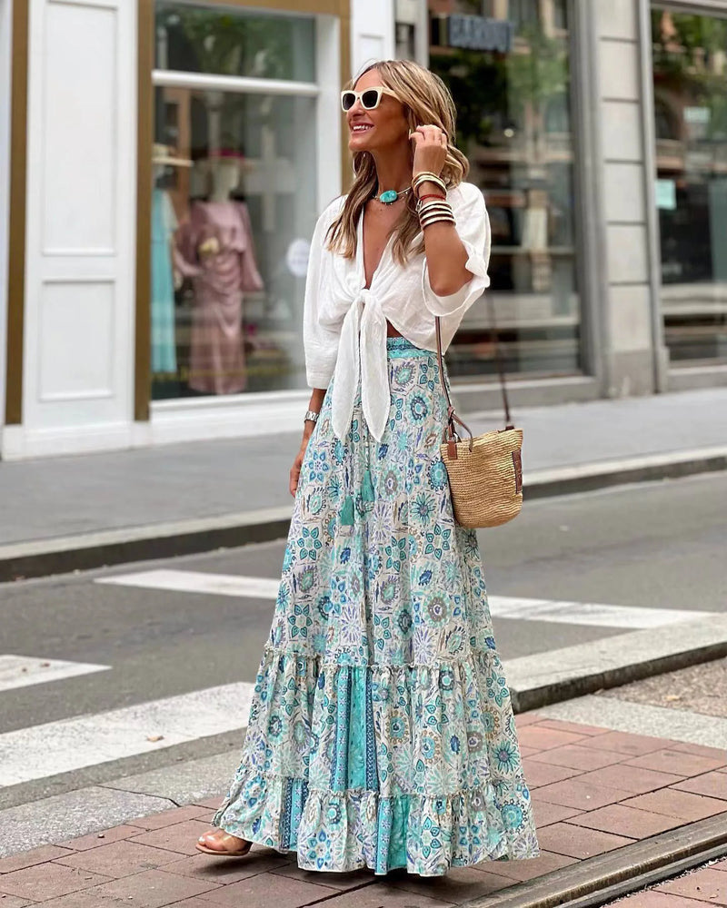 Boho Women Long Floral Skirts Summer Autumn Loose Casual Skirt Fashion Elastic Waist Big Hem Long Beach Skirt Women Clothes