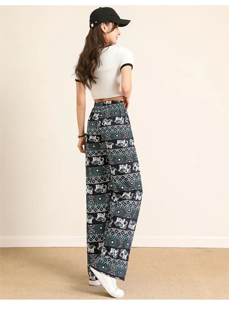 Women Wide Leg Pants High Waist Elephant Print Pant Summer Thin Straight Trousers Casual Bottoms Female Clothing 2023 Fashion