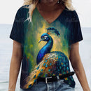 the PEACOCK - 3D Peacock Feathers Print Fashion Short Sleeve Casual V-Neck T-Shirts for Women