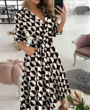 the BOHO WRAP - Spring/Summer V-Neck Fashion Three Quarter Sleeve Printed Polo Long Dress with Waist Tie Up