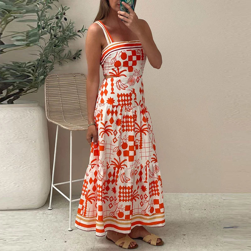 Chic Pattern Printed Sleeveless Halter Dress New Summer Beach Vacation Hollow Waist Long Dress Casual Loose Women's Pleat Dress