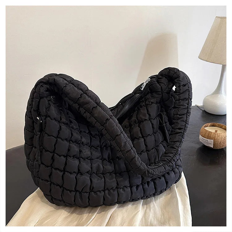 the PUFFY BOHO - Casual Ruched Hobos, Women Shoulder Bags, Quilted Padded Crossbody Bag, Large Capacity Nylon Puffer Tote Bag, Big Shopper Purses