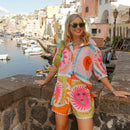 the CITRINE - Women Summer Shorts Outfits Daily Beach Sun Print Short Sleeve Button Shirts Tops Elastic Waist Shorts 2 Piece Lounge Sets