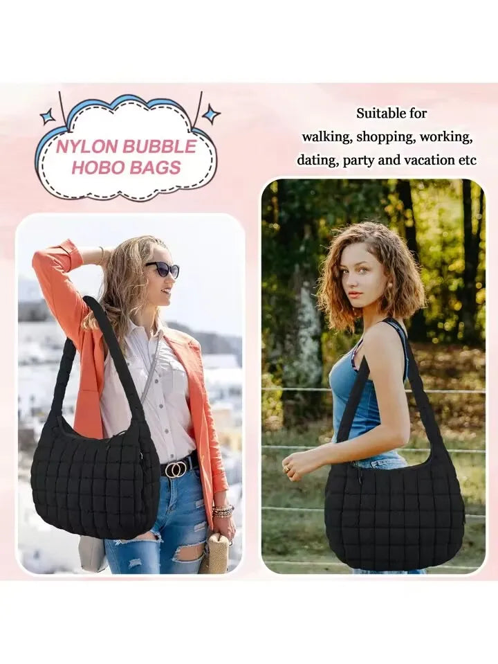 the PUFFY BOHO - Casual Ruched Hobos, Women Shoulder Bags, Quilted Padded Crossbody Bag, Large Capacity Nylon Puffer Tote Bag, Big Shopper Purses