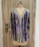 the RAINDROP - Women's Vintage Print Hollow Lace Patchwork Elegant Spring/Summer Trendy Casual V-Neck 3/4 Sleeve Loose Blouse Tops