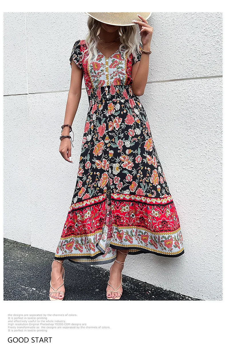 the BANDANA BOHO - Vintage Floral Boho Printed Short Sleeves V-Neck Slit A-Line Bohemian Summer Beach Midi Dresses