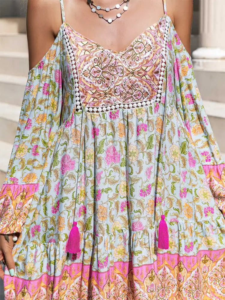 Boho Inspired floral print rayon mini boho dress for women off shoulder V-neck half sleeve bohemian boho beach summer dress 2023