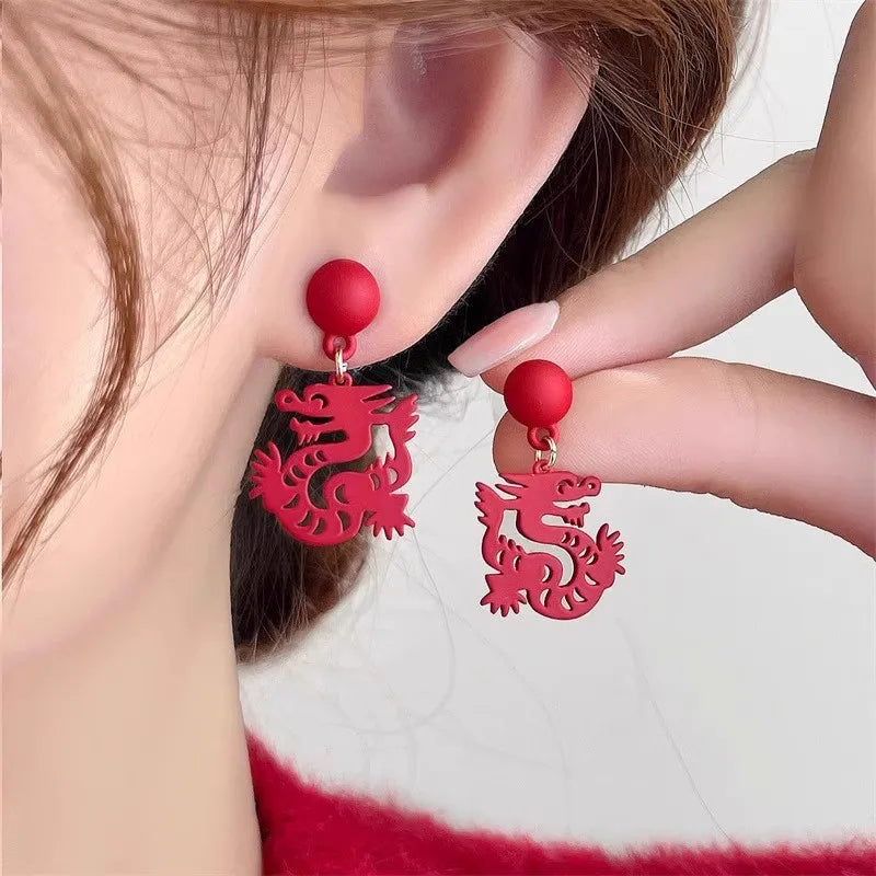 the GOOD FORTUNE - Chinese Style Red Little Lion Bell Pendant Earrings for Women, The Year of The Dragon Festive Jewelry Gifts