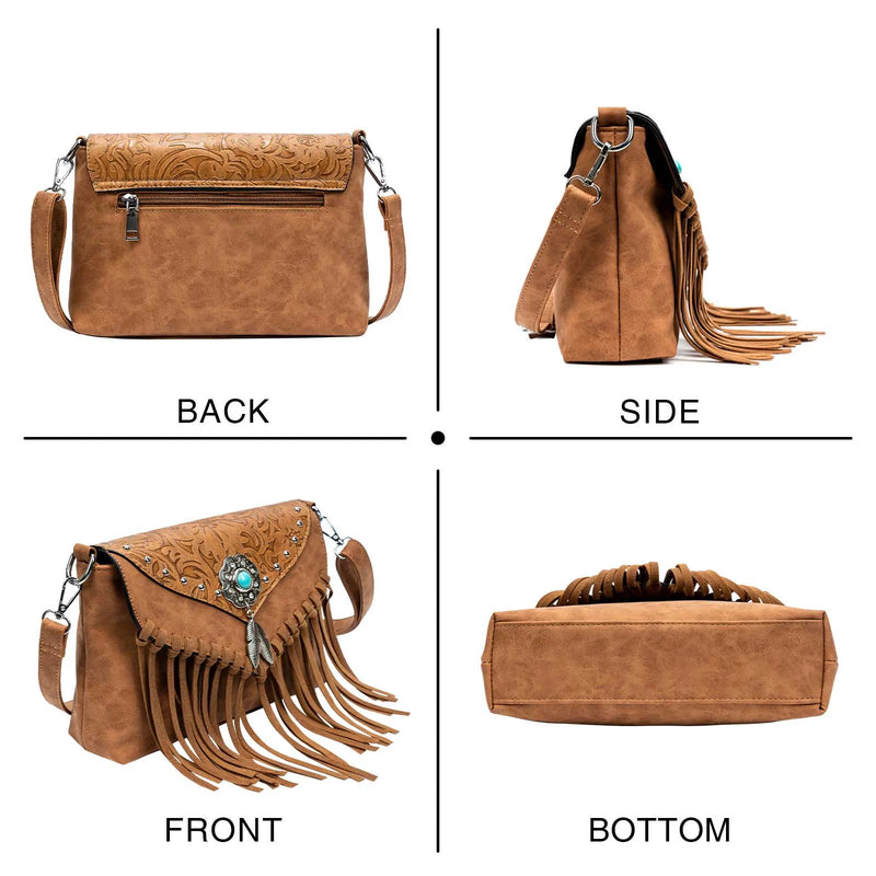 the WESTERNER - Original Design Shoulder Bag for Women, PU Leather Luxury Clutch Designer Handbags, Western Purse Fringe Messenger Bag