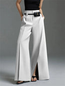 the SLACKS - Urban Female Fashion Loose Straight High-Waisted Pleated Split-Front Trousers