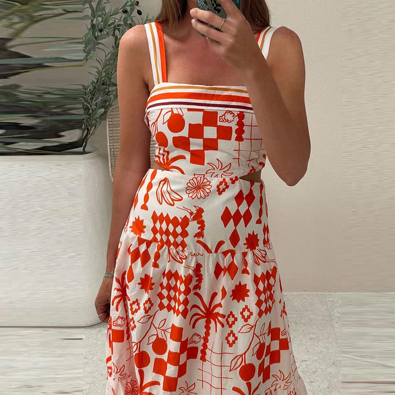 Chic Pattern Printed Sleeveless Halter Dress New Summer Beach Vacation Hollow Waist Long Dress Casual Loose Women's Pleat Dress