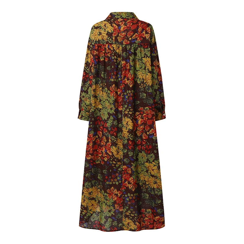 ZANZEA Floral Printed Long Sleeve Cotton Maxi Dress Women Spring 2025 Loose Casual Lapel Neck Shirtdress Streetwear Long Vestido