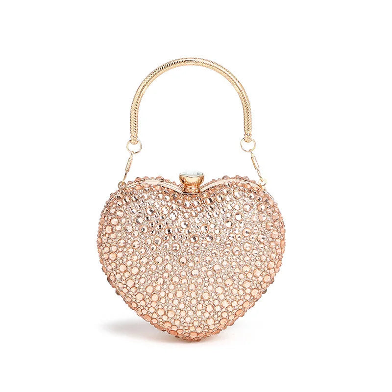 the CRYSTAL HEART - Luxury Diamond Inlay Heart Shape Crystal Clutch Purse, Stones Evening Wedding Party Shoulder Bag, Handle Rhinestone Mini Handbags