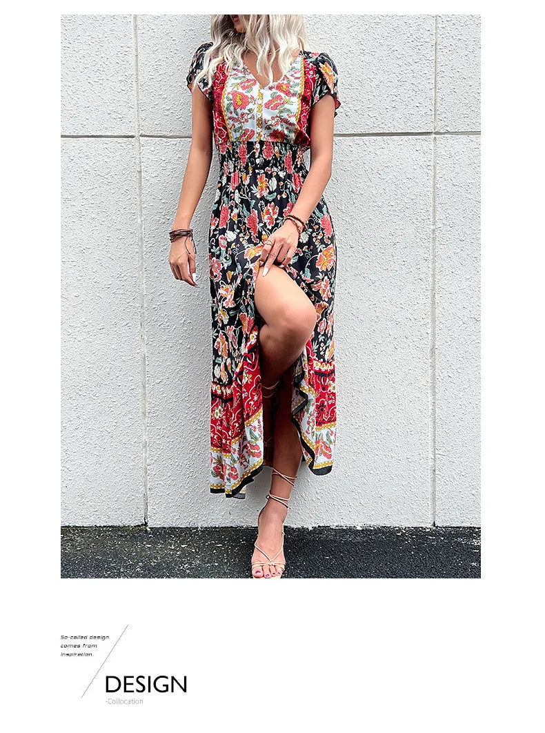 the BANDANA BOHO - Vintage Floral Boho Printed Short Sleeves V-Neck Slit A-Line Bohemian Summer Beach Midi Dresses