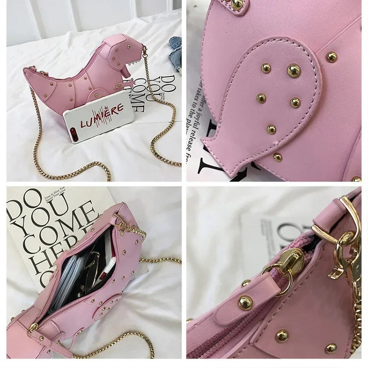 the DINO-MYTE - Trend Fashion 3D Dinosaur Design Rivets PU Leather Chain Purse, Shoulder Bag Tote, Crossbody Mini Messenger Bag