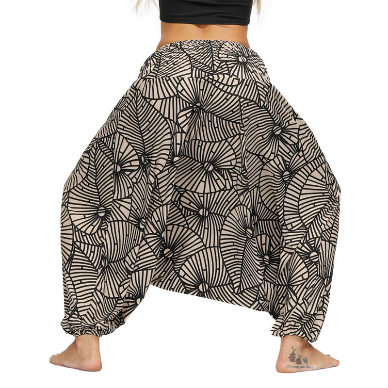 Women Bohemian Harem Pants Elastic Waist Wide Leg Long Pant Vintage Printed Trousers Female Loose Capris Ladies Streetwear