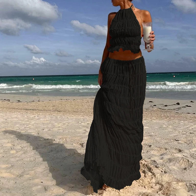 Women Boho Sexy Backless Matching Suit 2 Piece Beach Holiday Outfits Vintage Ruched Halter Cami Tops + Maxi Long Skirt Party