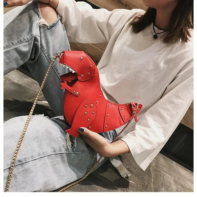 the DINO-MYTE - Trend Fashion 3D Dinosaur Design Rivets PU Leather Chain Purse, Shoulder Bag Tote, Crossbody Mini Messenger Bag