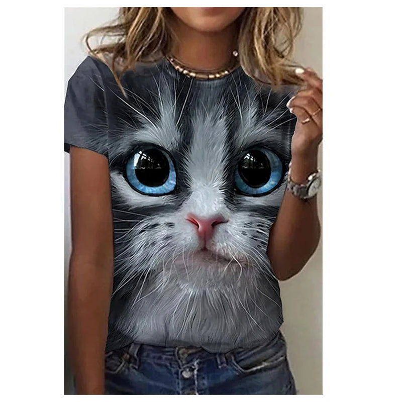 New Summer 3D Printing T-Shirt for Women Cute Cat Fashion Tee 2022 New Harajuku Animal Short Sleeve Oversized Clothing Camiseta