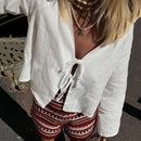 the BOHO TIE - Female Street Tops Linen Lace Up Long Sleeve Fashion Chic Casual Loose V-Neck Shirt