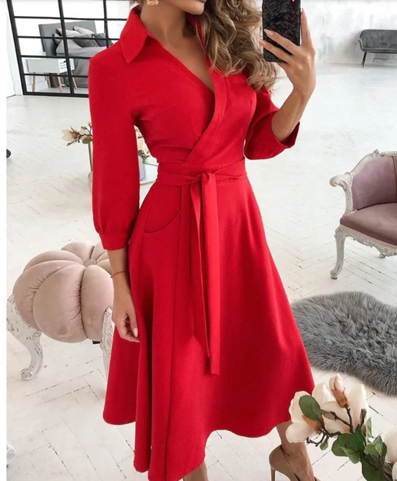 Women V-Neck Dress Spring And Summer New Fashion Three Quarter Sleeve Printed Women's Dress With Waist Tie Up Polo Long Dress