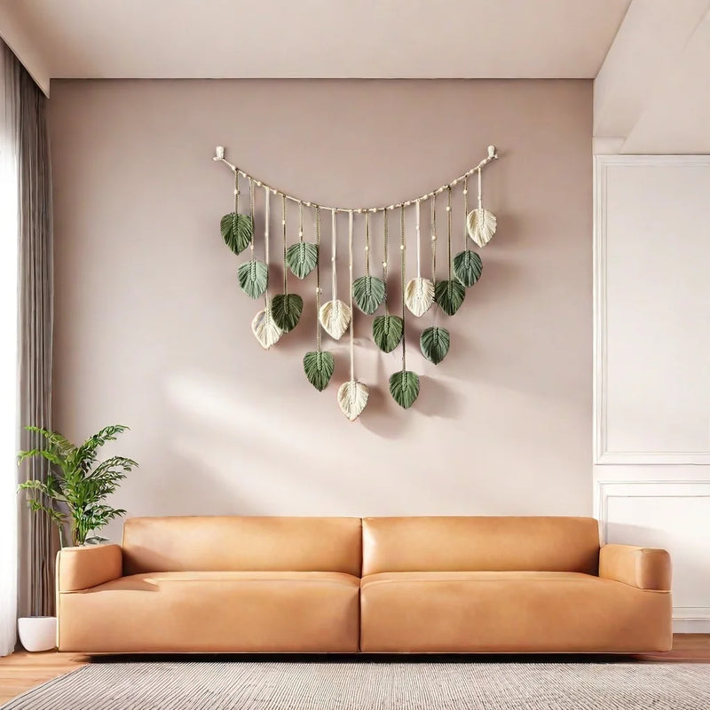 the LEAFY WALL - Boho Home Decoration, Macrame Tapestry, Macrame Leaf Feather Wall Hanging Decor for Living Room/Bedroom, Boho Wall Art Home Decor