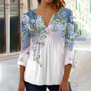 the FLOWER SHOP - Women's Vintage Floral Print Pleated Button Spring/Summer Fashion V-Neck 3/4 Sleeve Elegant Slim Blouse Tops
