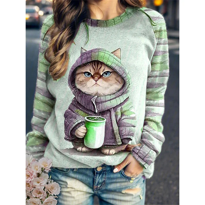 Women's Round Neck Hoodie Animal Cat 3d Printed Shoulder Style Autumn and Winter European and American T-Shirt Women's Clothing