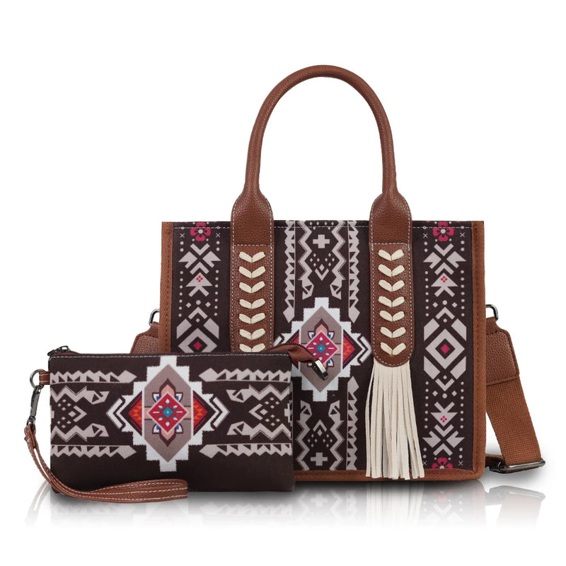 the NAVAJO - Ethnic Print Hand-Held Crossbody Bag Set with Tassel Decoration and Small Coin Purse