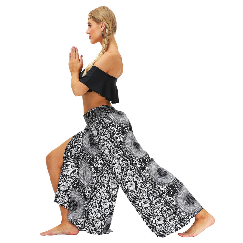 Women's Casual Soft Slit Leg Pants, Harem Dance, Beach Boho Baggy Yoga Pants, Lady Loose Wide Leg Wrap Long Pants, Summer