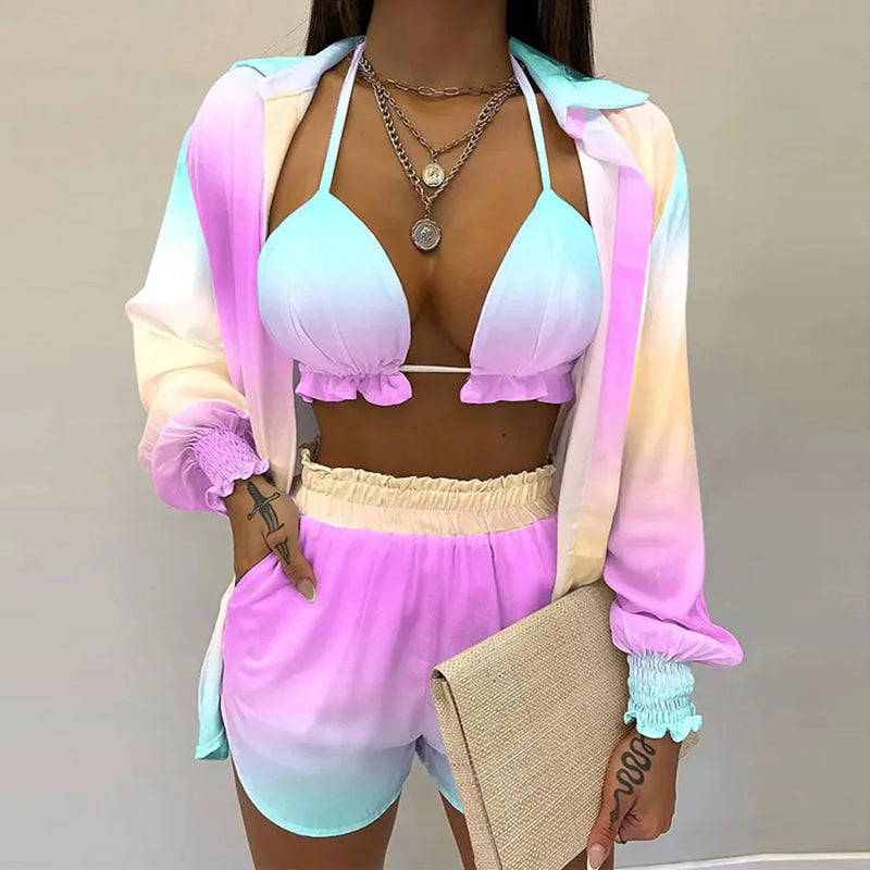 2024 Bohemia Beach Summer Women Clothing Outfits Fashion Spring Sling Tops Long Shirt Short Pants 3 Pcs Sets