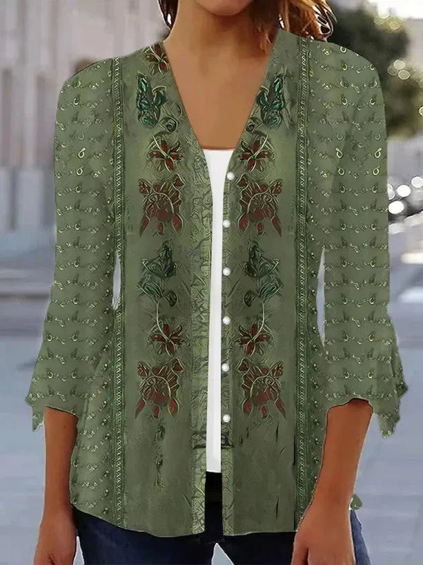 the VINTAGE BOHO - Women's Spring/Autumn Vintage Floral Print Knitted Cardigan Fashion Elegant V-Neck 3/4 Sleeve Tunic Sweater Coats